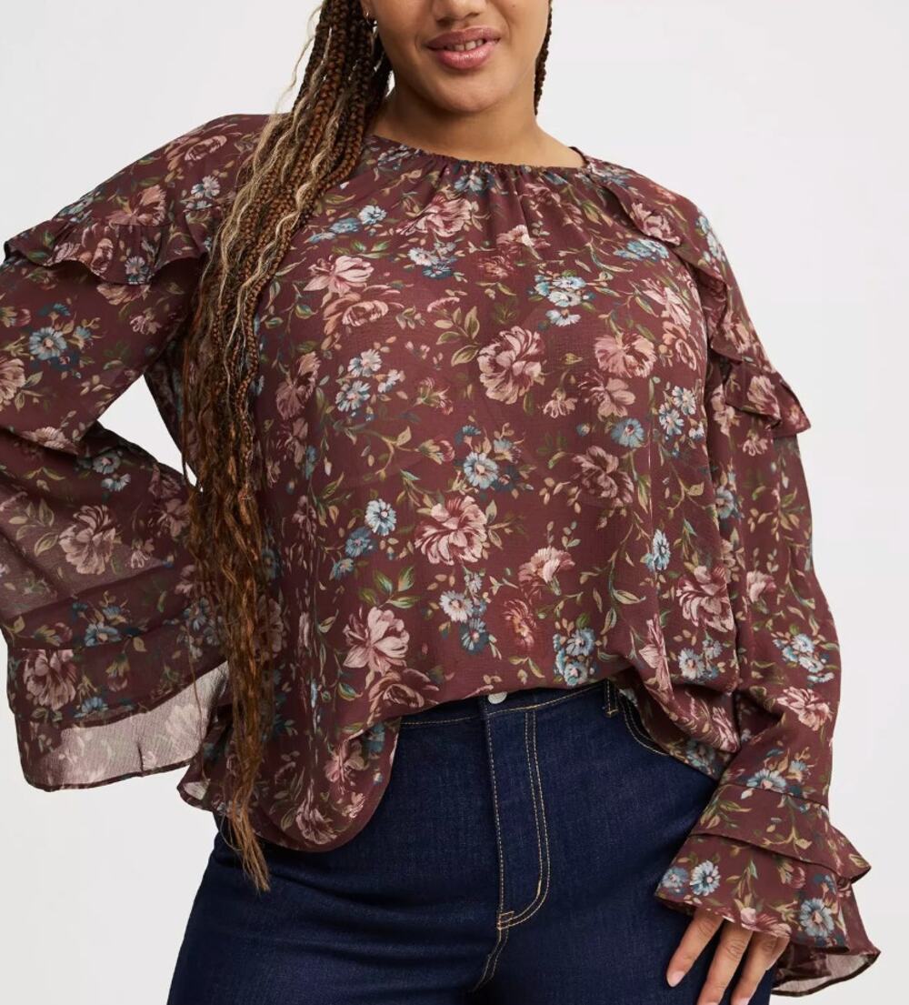 Torrid Brown Floral Chiffon Ruffle Sleeve Blouse Flirty Boho Flowy Top 3X NEW